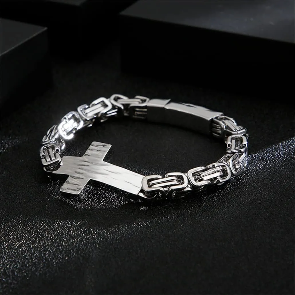 Cross Charm Bracelets for Men 21cm Stainless Steel Byzantine Chain Link Bracelet Armband Prayer Jewelry