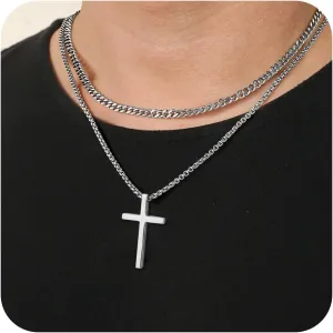 Cross Necklace for Men - 18K Whited Gold/Gold/Black Plated Layered Cross Necklace Stainless Steel Plain Cross Pendant Necklace Cuban Box Chain Cross Necklace for Men 16-30 Inch