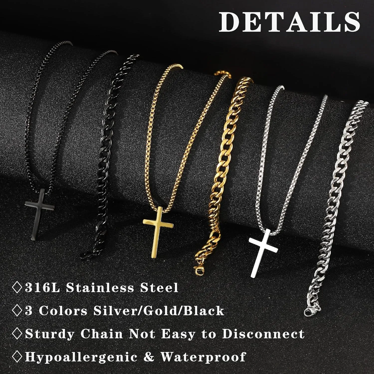 Cross Necklace for Men - 18K Whited Gold/Gold/Black Plated Layered Cross Necklace Stainless Steel Plain Cross Pendant Necklace Cuban Box Chain Cross Necklace for Men 16-30 Inch
