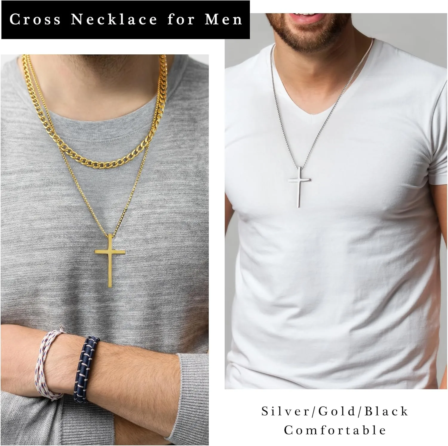 Cross Necklace for Men - 18K Whited Gold/Gold/Black Plated Layered Cross Necklace Stainless Steel Plain Cross Pendant Necklace Cuban Box Chain Cross Necklace for Men 16-30 Inch