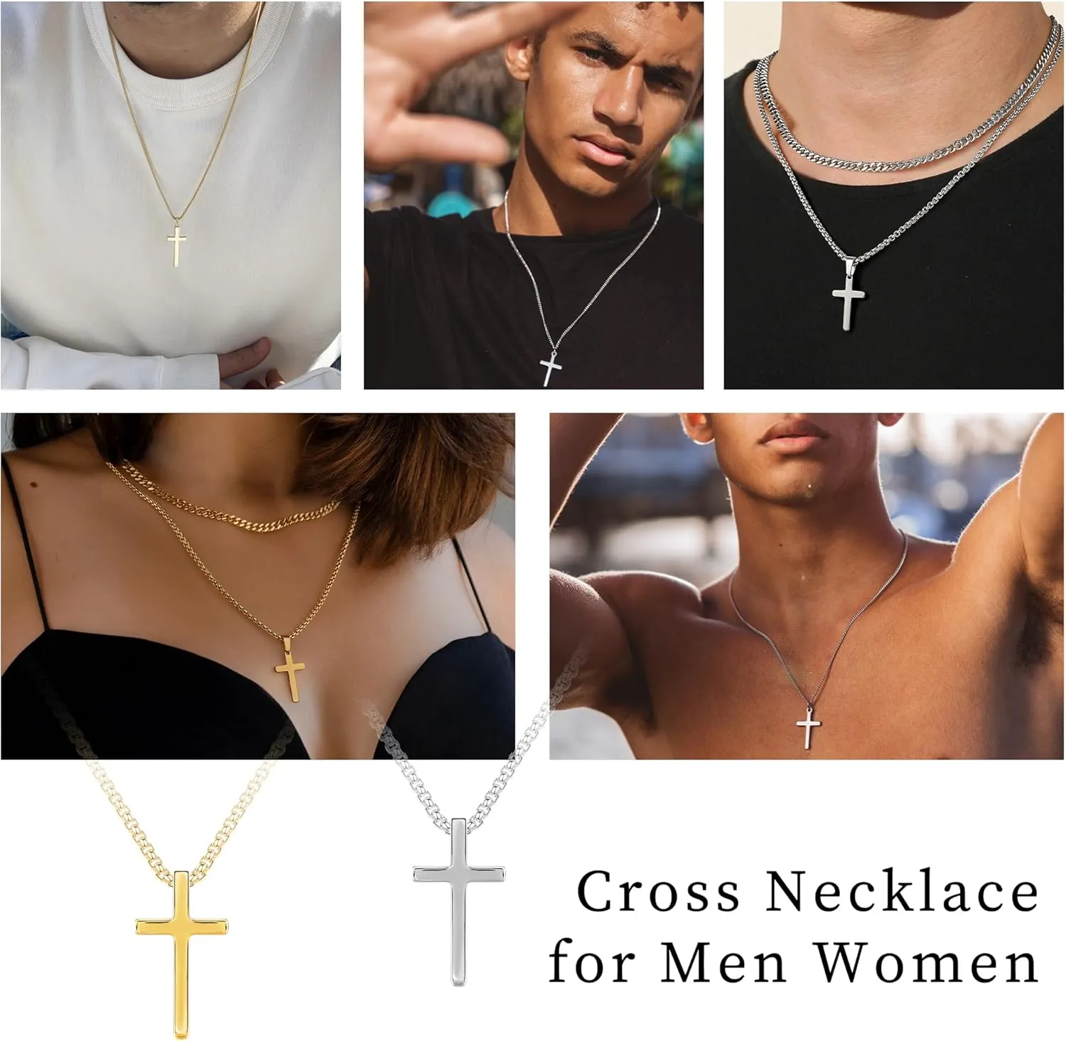 Cross Necklace for Men - 18K Whited Gold/Gold/Black Plated Layered Cross Necklace Stainless Steel Plain Cross Pendant Necklace Cuban Box Chain Cross Necklace for Men 16-30 Inch