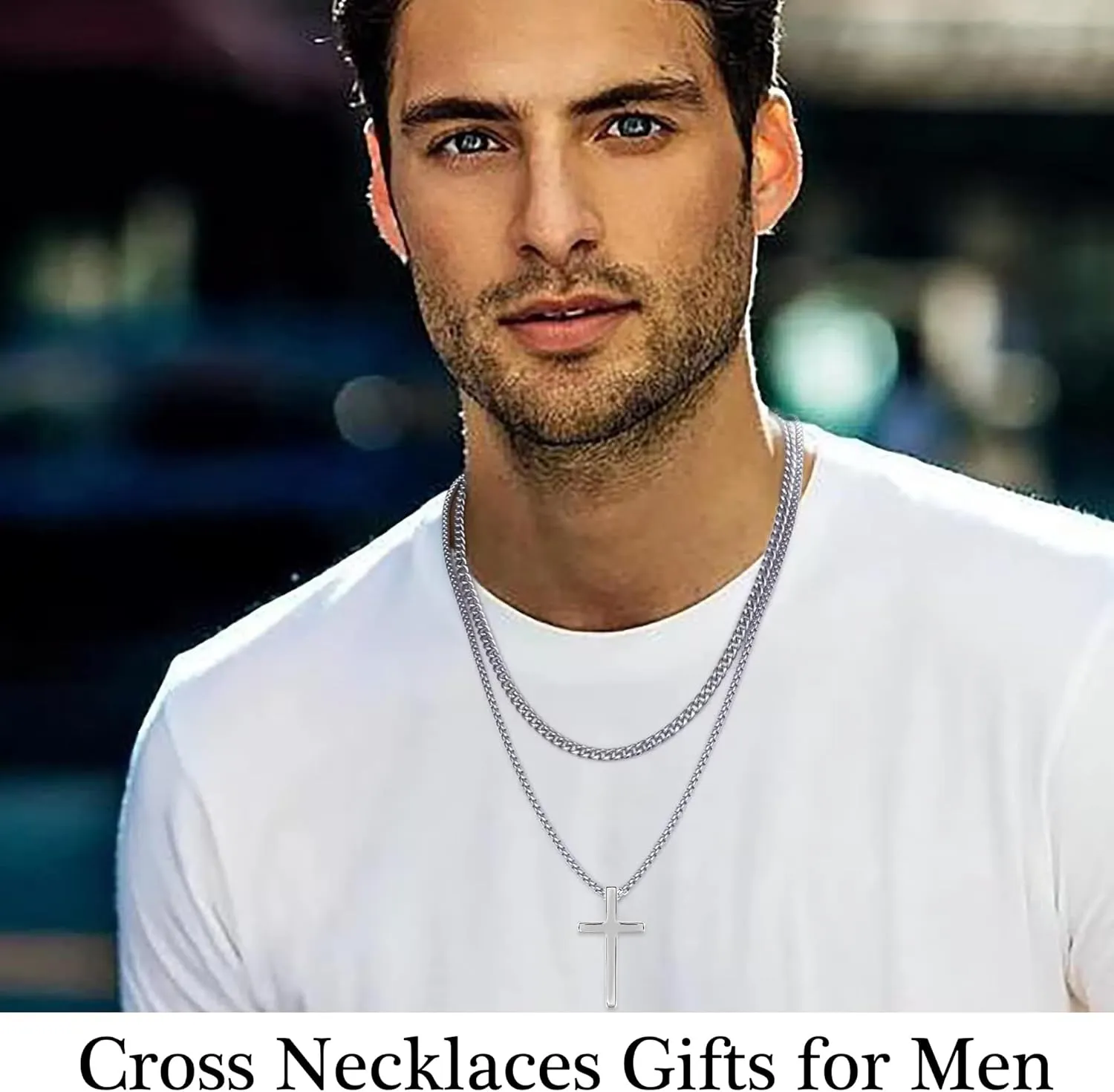 Cross Necklace for Men - 18K Whited Gold/Gold/Black Plated Layered Cross Necklace Stainless Steel Plain Cross Pendant Necklace Cuban Box Chain Cross Necklace for Men 16-30 Inch