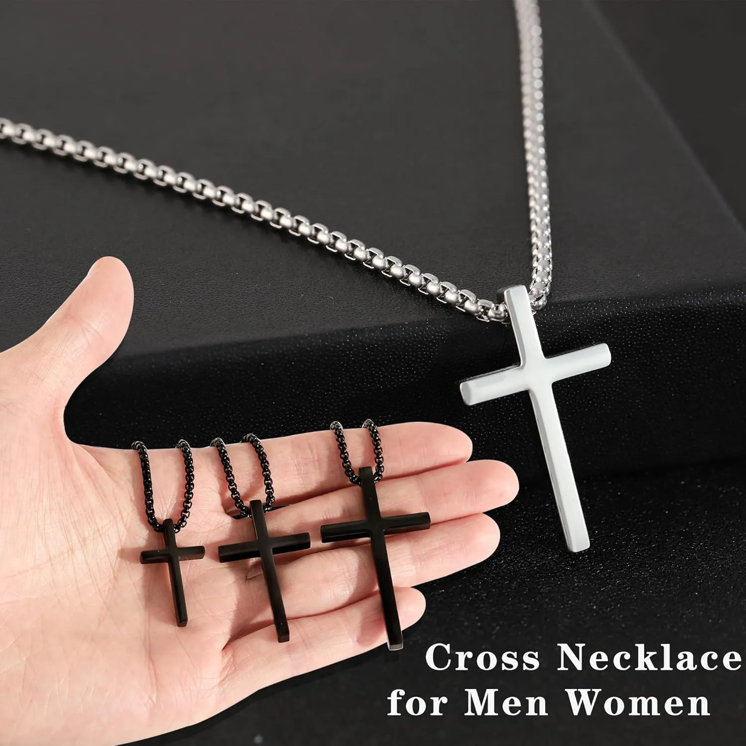 Cross Necklace for Men - 18K Whited Gold/Gold/Black Plated Layered Cross Necklace Stainless Steel Plain Cross Pendant Necklace Cuban Box Chain Cross Necklace for Men 16-30 Inch