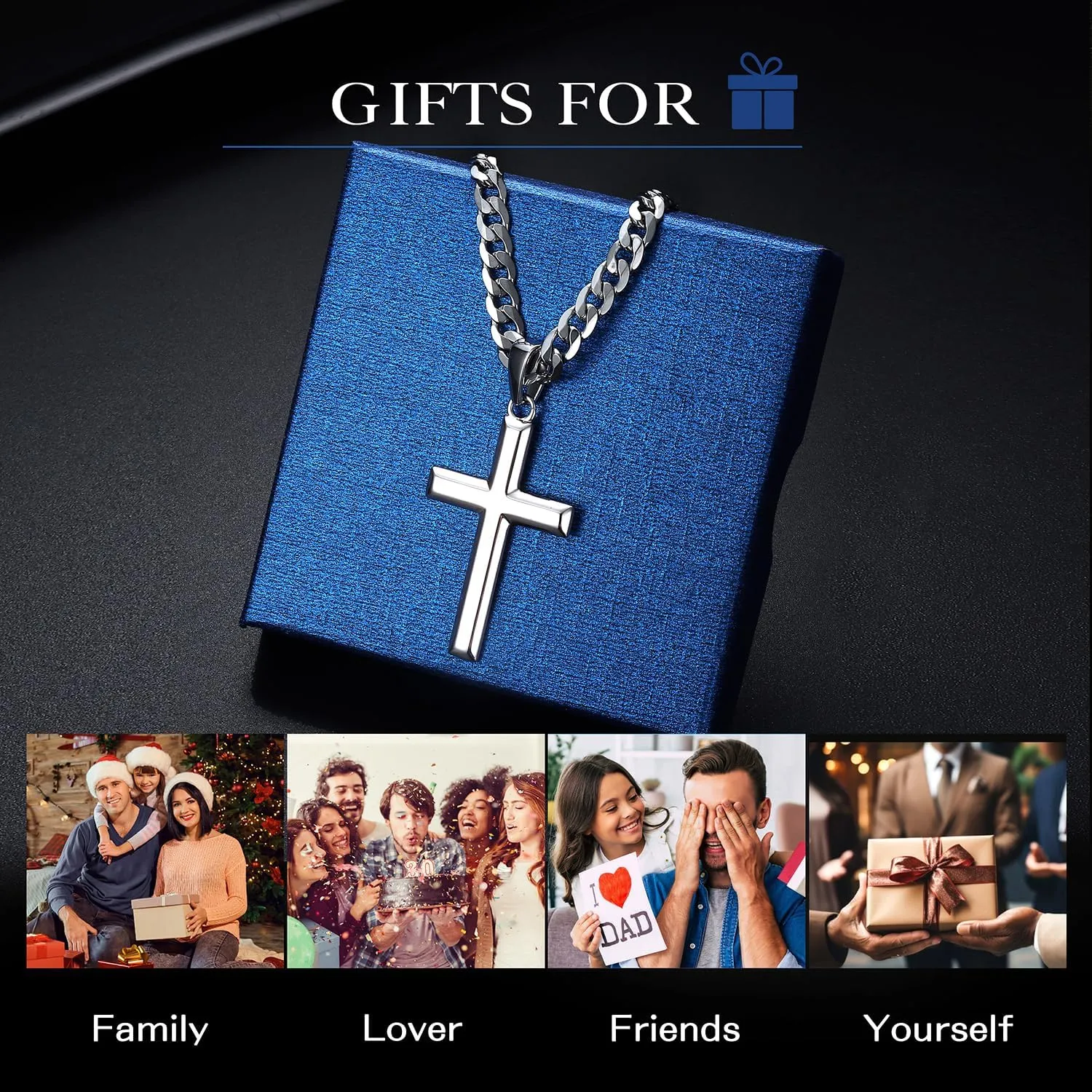 Cross Necklace for Men, 925 Sterling Silver Cross Pendant with Stainless Steel Chain Necklace Crucifix Pendant Silver Cross Chain Necklace Jewelry 16-28 Inches