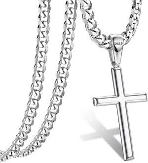 Cross Necklace for Men, 925 Sterling Silver Cross Pendant with Stainless Steel Chain Necklace Crucifix Pendant Silver Cross Chain Necklace Jewelry 16-28 Inches