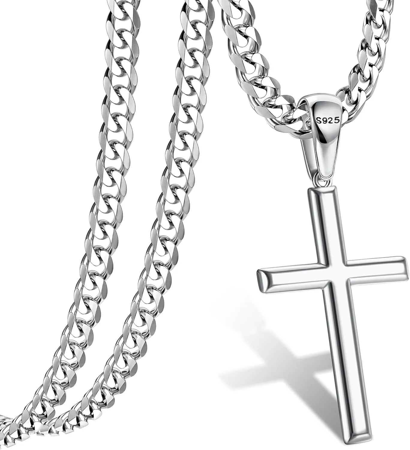 Cross Necklace for Men, 925 Sterling Silver Cross Pendant with Stainless Steel Chain Necklace Crucifix Pendant Silver Cross Chain Necklace Jewelry 16-28 Inches