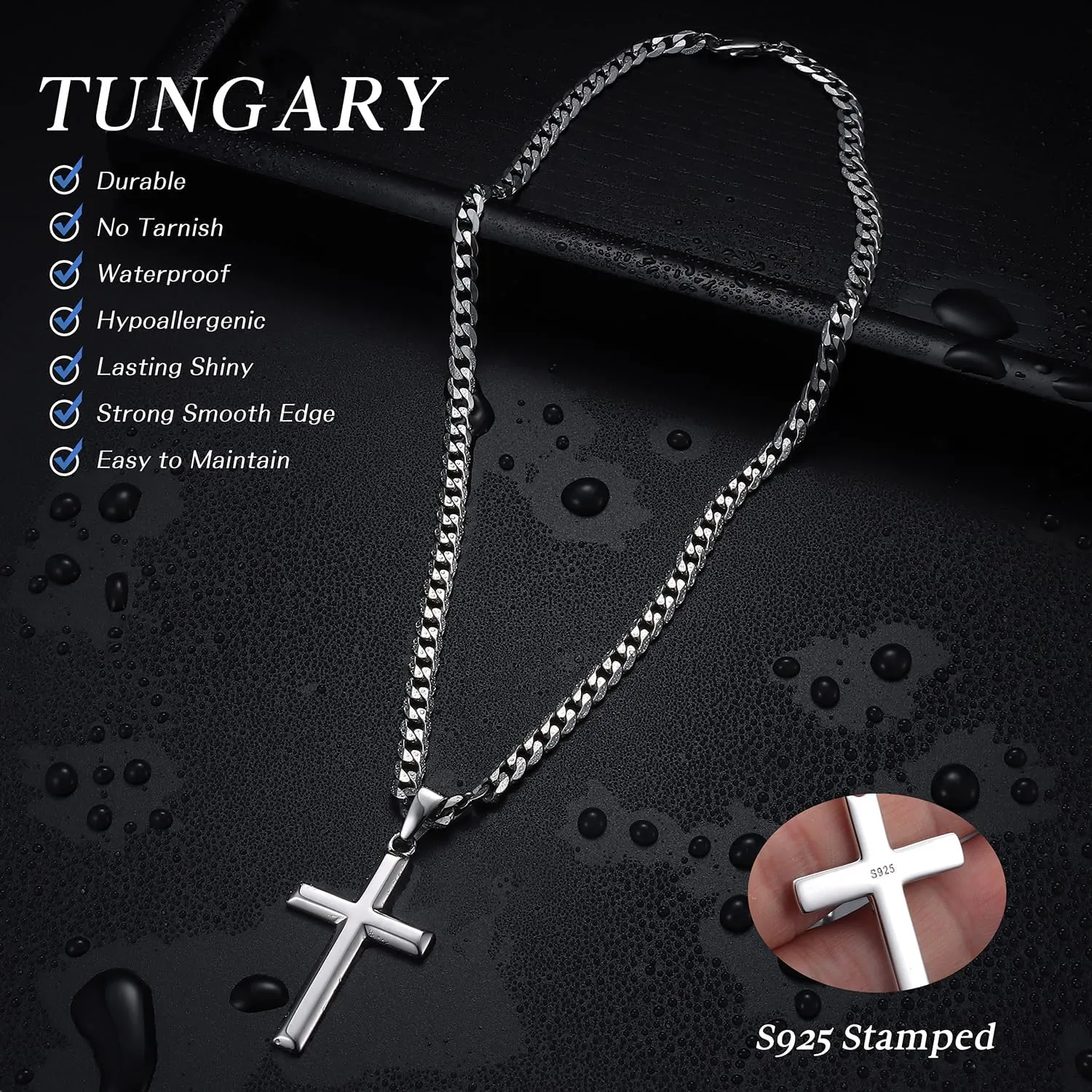 Cross Necklace for Men, 925 Sterling Silver Cross Pendant with Stainless Steel Chain Necklace Crucifix Pendant Silver Cross Chain Necklace Jewelry 16-28 Inches