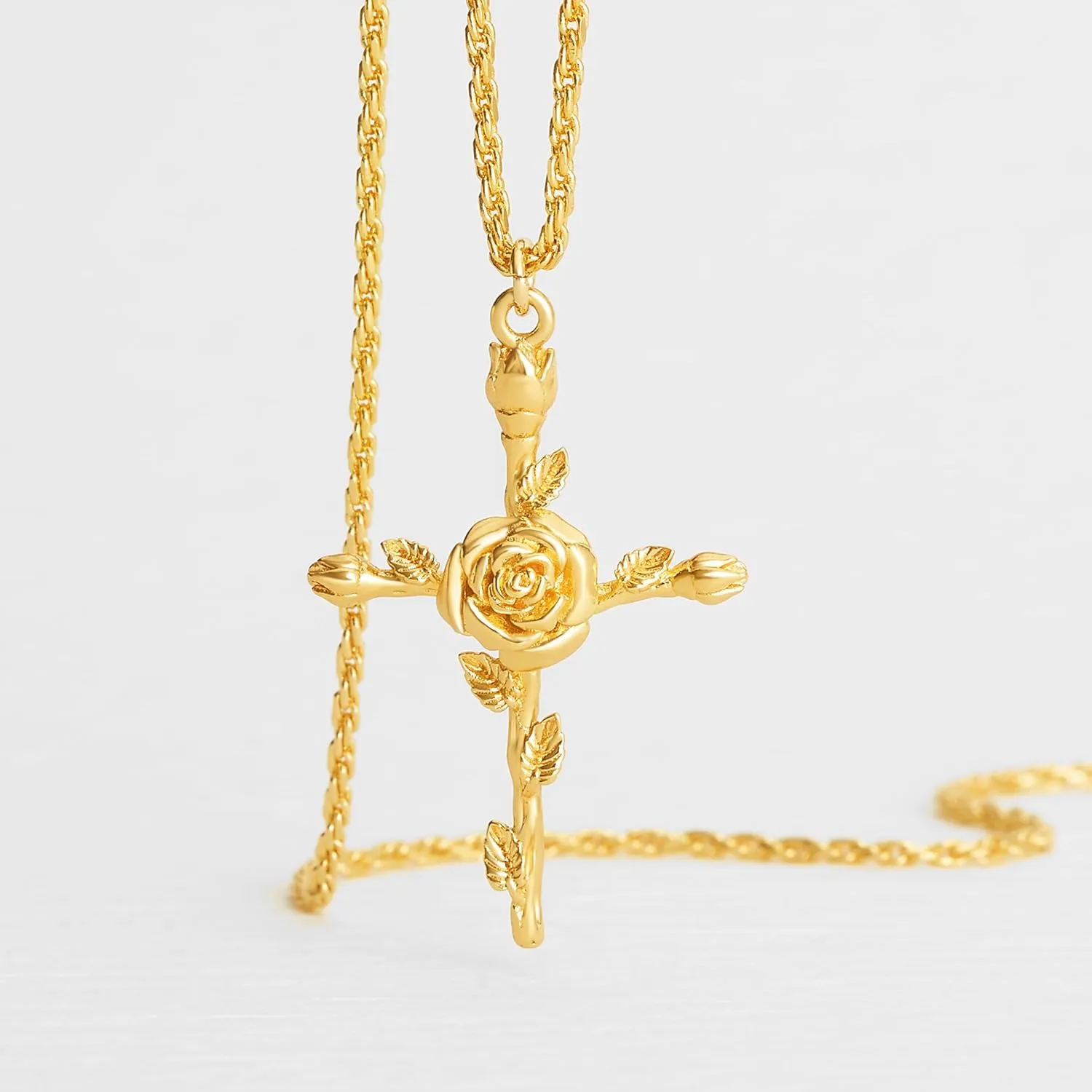 Cross Necklace for Women 14K Gold Plated Birth Flower Necklaces Rope Cross Pendant Fashion Gold Jewelry Birthday Gifts 12 Month