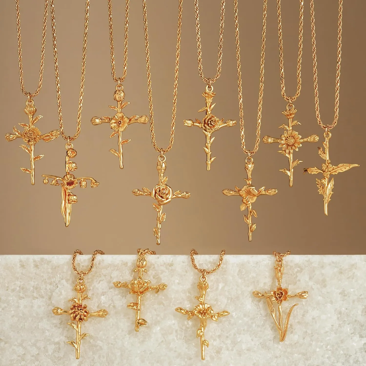 Cross Necklace for Women 14K Gold Plated Birth Flower Necklaces Rope Cross Pendant Fashion Gold Jewelry Birthday Gifts 12 Month