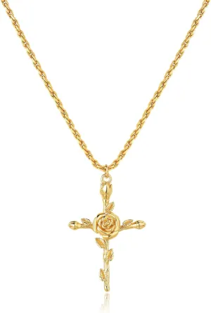 Cross Necklace for Women 14K Gold Plated Birth Flower Necklaces Rope Cross Pendant Fashion Gold Jewelry Birthday Gifts 12 Month