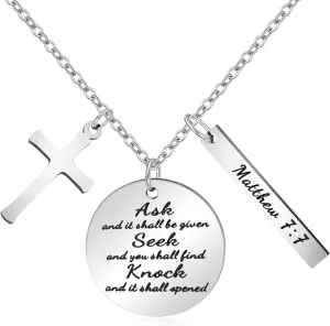 Cross Necklace for Women Christian Religious Bible Verse Scripture Inspirational Prayer Necklaces Engraved Ask Seek Knock -Matthew 7:7