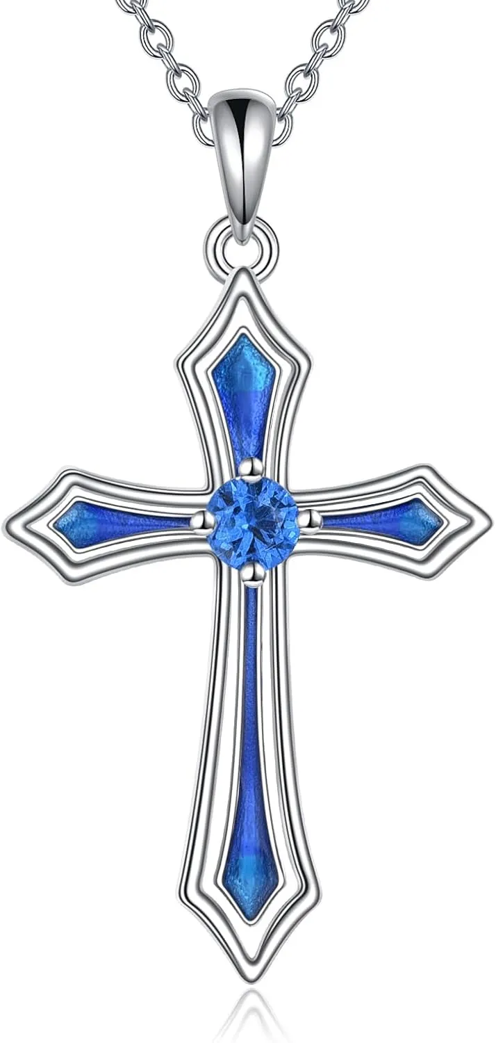 Cross Necklace for Women Men 925 Sterling Silver 5A CZ Birthstone Necklaces Gifts for Christmas, Birthday or Anniversary