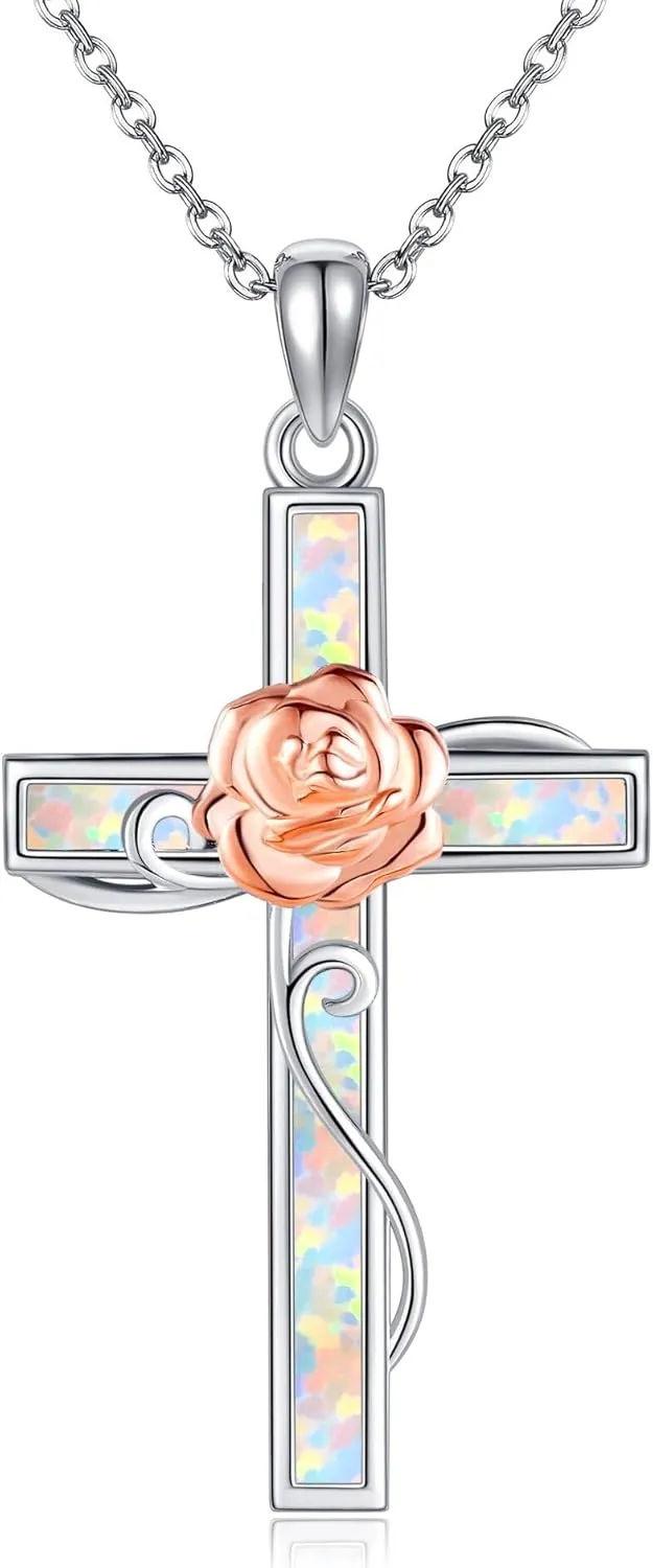 Cross Necklaces Sterling Silver Opal Cross Rose/Opal Stethoscope/Stethoscope Celtic Pendant Faith Religious Jewelry for Women