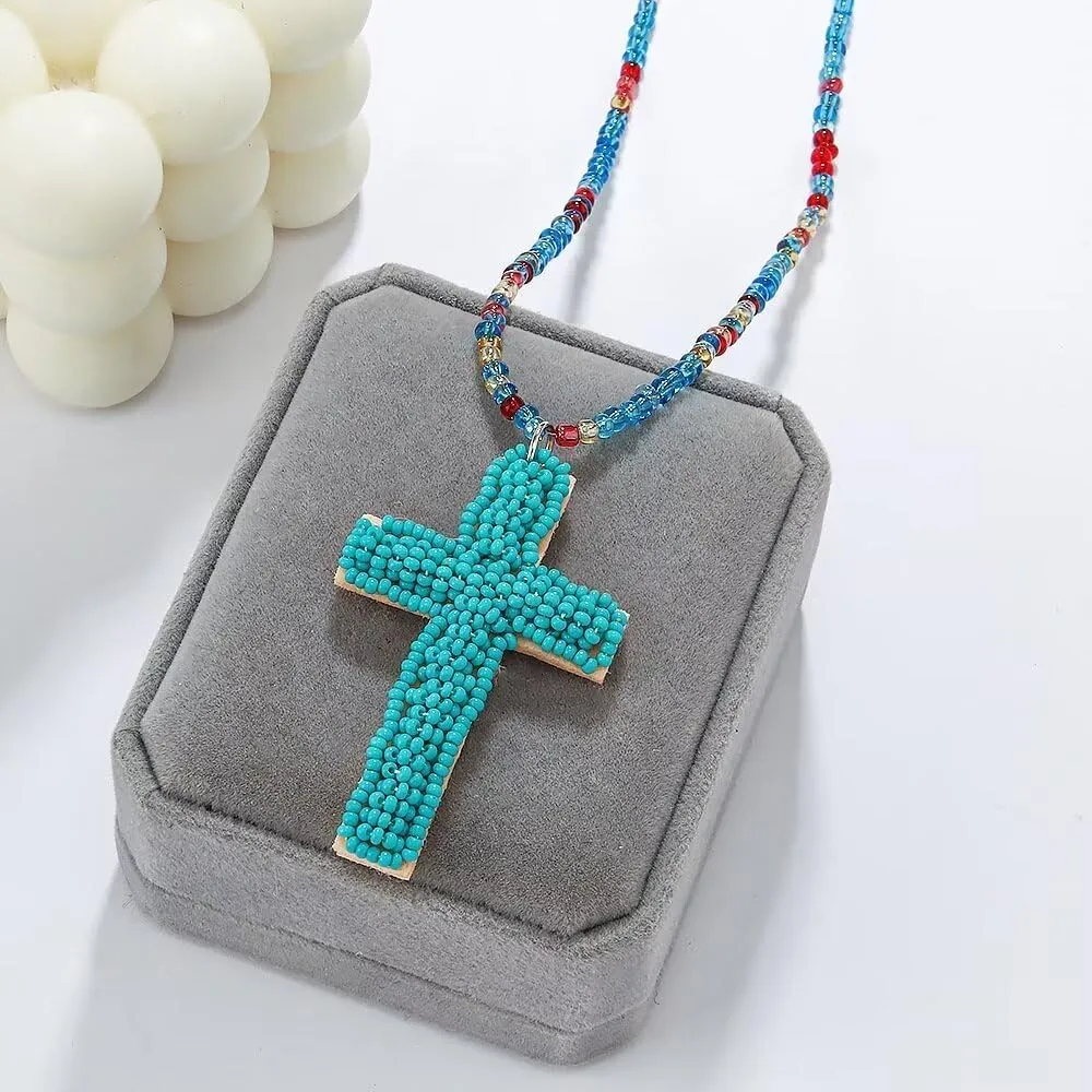 Cross Pendant Necklace Handmade Bohemian Acrylic Seed Beads Necklaces Colorful Christians Choker for Women Men Baptism Easter Gifts Friendship Religious Faith Jewelry