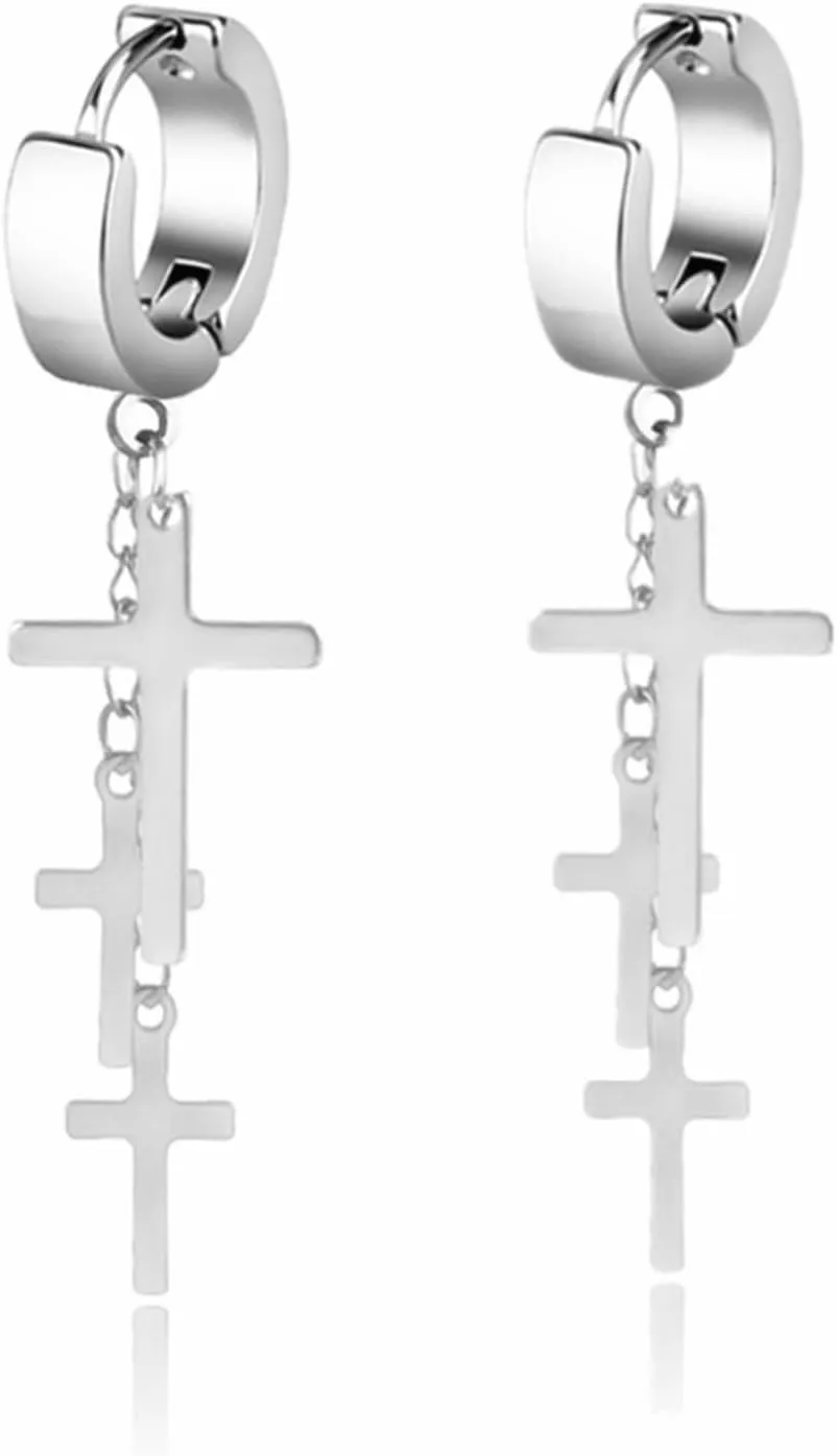 Cross Tassel Huggie Hoop Earrings Stainless Steel Gothic Punk Cool Layered Triple Cross Chain Fringe Religious Long Hinged Dangle Drop Earrings for Men Women Unisex Hip Hop Fashion Jewelry Gifts