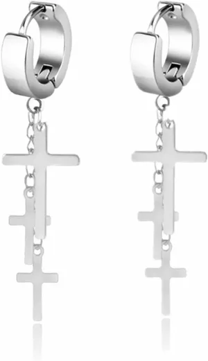 Cross Tassel Huggie Hoop Earrings Stainless Steel Gothic Punk Cool Layered Triple Cross Chain Fringe Religious Long Hinged Dangle Drop Earrings for Men Women Unisex Hip Hop Fashion Jewelry Gifts