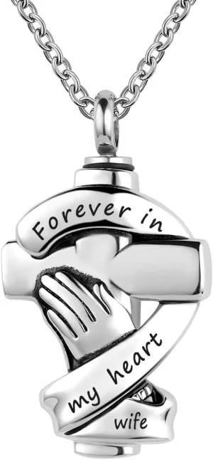 Cross Urn Necklaces for Ashes Praying Hands Cremation Memorial Stainless Steel Pendant Jewelry Forever in My Heart with Wife