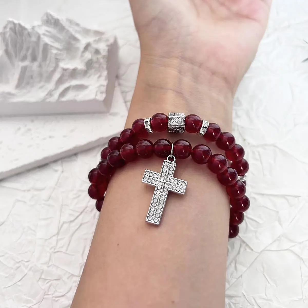 Crystal Bracelet - Healing Carnelian Bracelet - Cross Bracelet for Men - 8mm Natural Stone Beads Chakra Bracelets Couple Bracelets Friendship Bracelet (Carnelian, Cross)