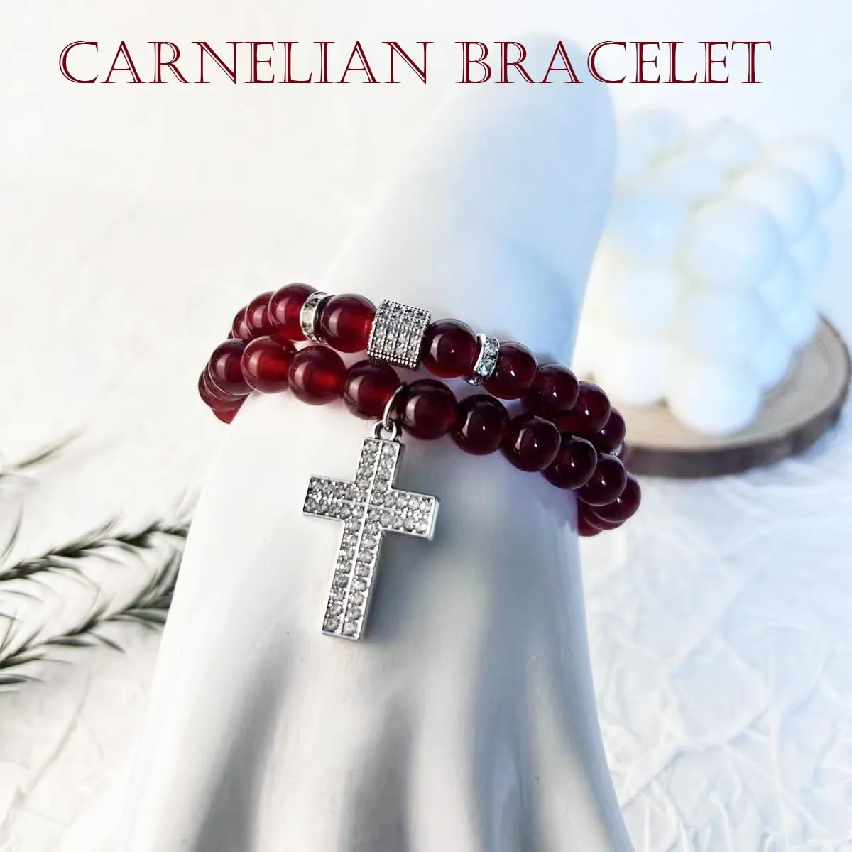 Crystal Bracelet - Healing Carnelian Bracelet - Cross Bracelet for Men - 8mm Natural Stone Beads Chakra Bracelets Couple Bracelets Friendship Bracelet (Carnelian, Cross)