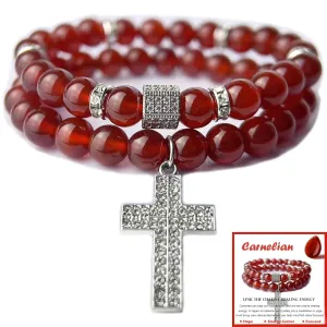 Crystal Bracelet - Healing Carnelian Bracelet - Cross Bracelet for Men - 8mm Natural Stone Beads Chakra Bracelets Couple Bracelets Friendship Bracelet (Carnelian, Cross)