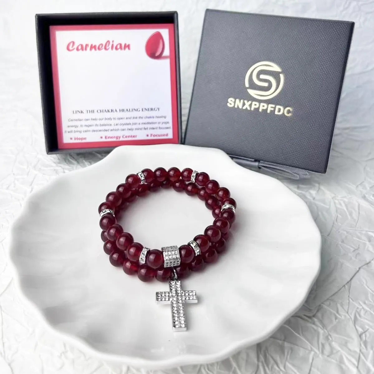 Crystal Bracelet - Healing Carnelian Bracelet - Cross Bracelet for Men - 8mm Natural Stone Beads Chakra Bracelets Couple Bracelets Friendship Bracelet (Carnelian, Cross)