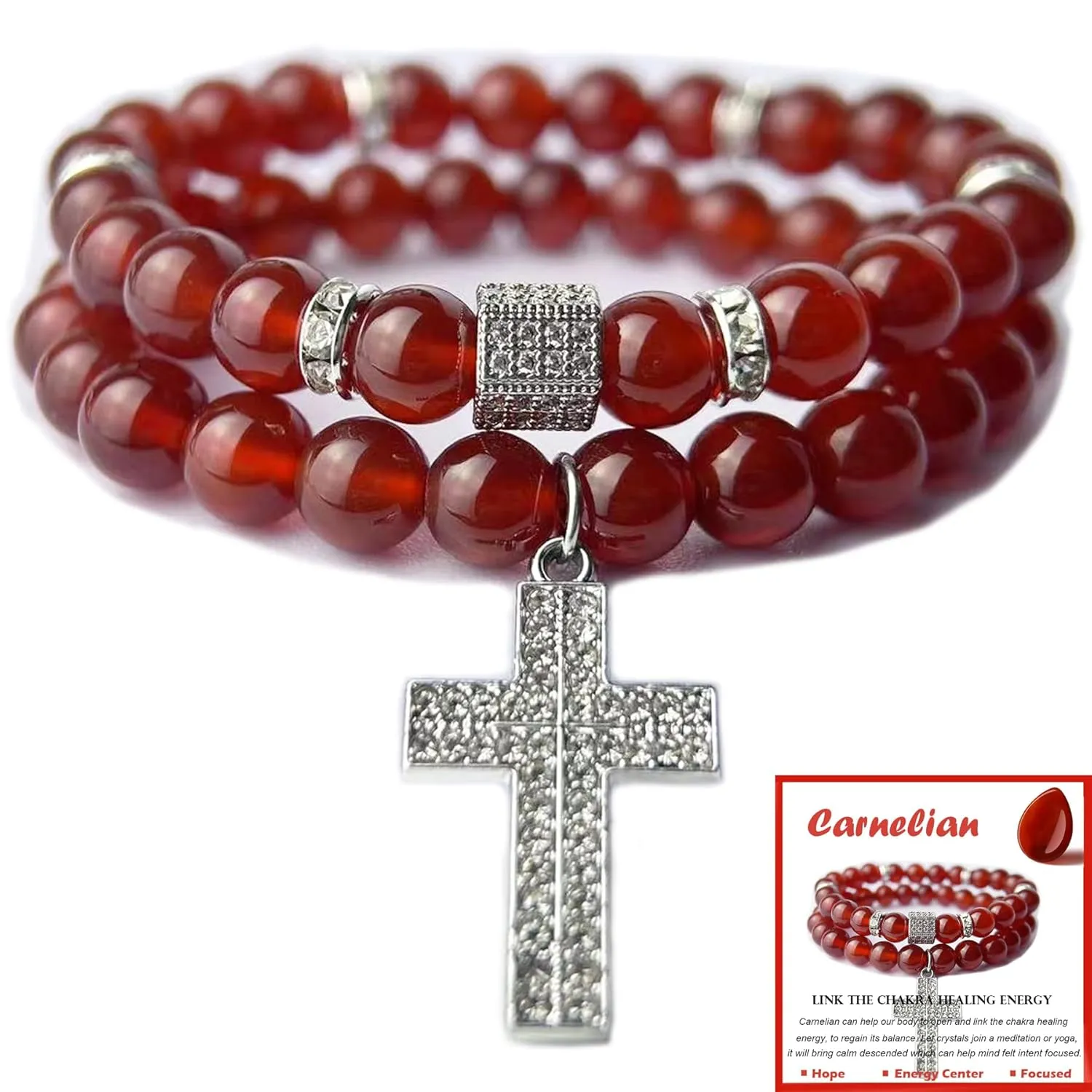 Crystal Bracelet - Healing Carnelian Bracelet - Cross Bracelet for Men - 8mm Natural Stone Beads Chakra Bracelets Couple Bracelets Friendship Bracelet (Carnelian, Cross)
