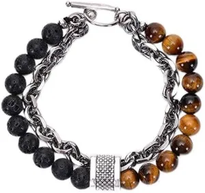 Cuban Link Bracelets for Men Women Blue Tigers Eye/White Turquoise Stainless Steel Chain Bracelet Volcanic Lava Rocks Beaded Friendship Bracelets Jewelry Gifts for Boyfriend Girlfriend