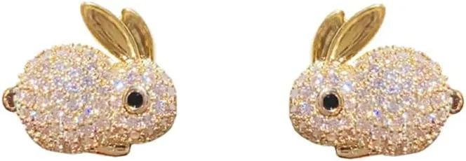 Cubic Zirconia Rabbit Stud Earrings for Women Rhinestone Cute Animal Pet Bunny Cartilage Earrings Small Studs Piercing Post Dainty Jewelry Gifts
