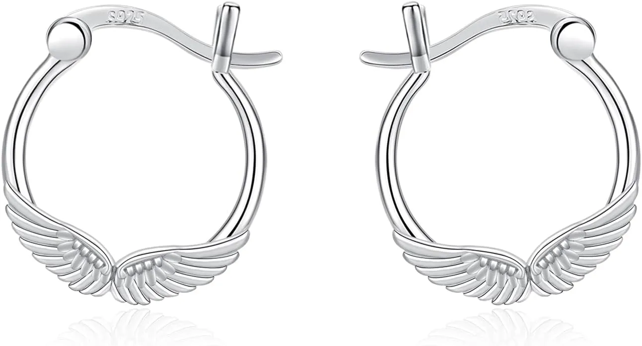 Cuoka Angel Wings,Feather Cross Earrings 925 Sterling Silver Unisex Hanging Dangle Drop Earrings,Small Hoop Earrings Jewelry for Women Men