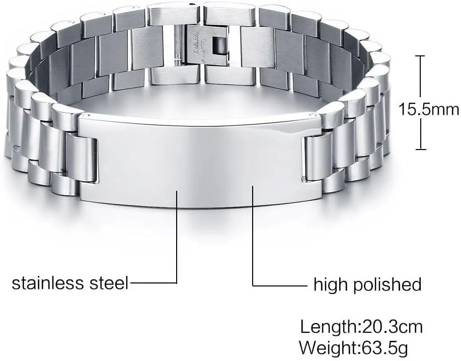 Custom Mens Bracelet Personalized Watch Band Engraved Name Bracelets for Men Customized ID Cuff Wristband Gift for Dad Husband