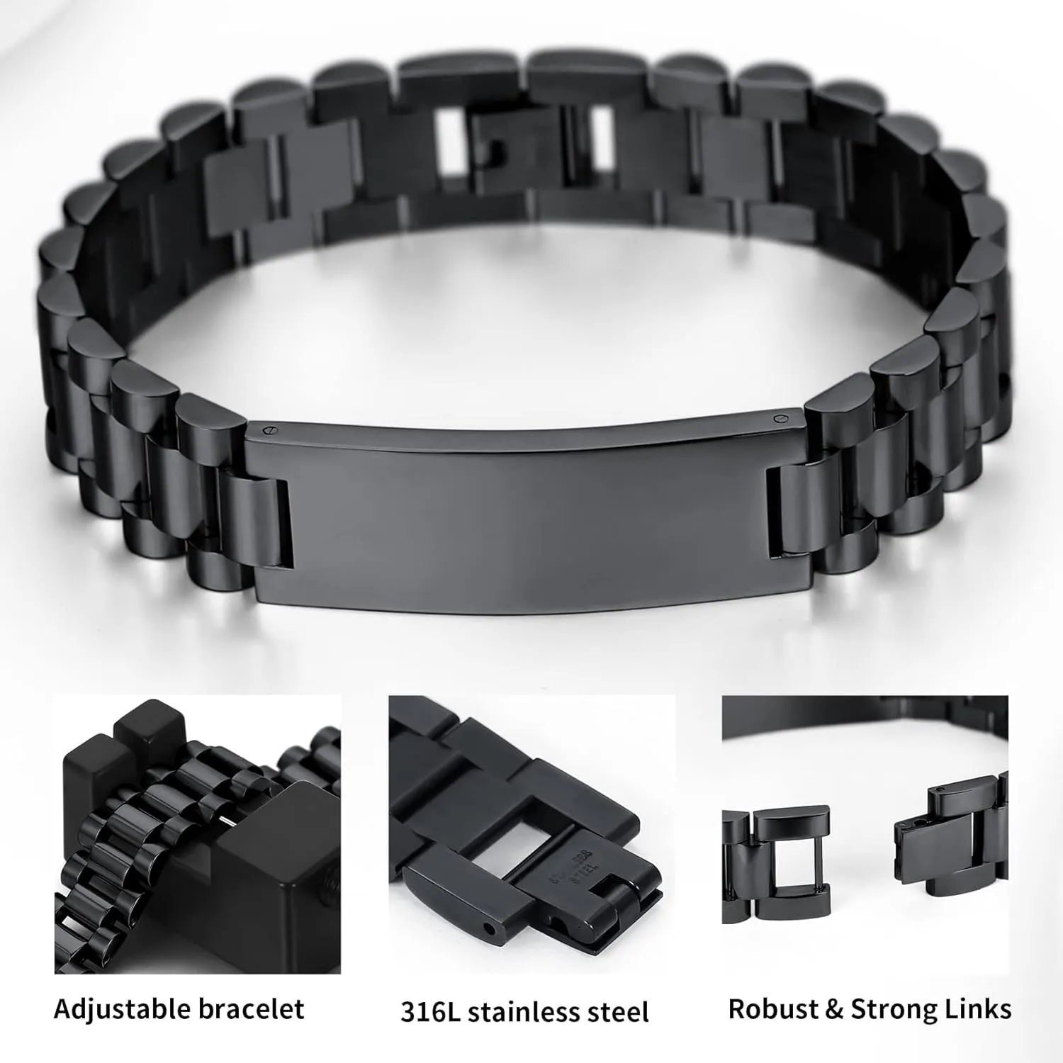 Custom Mens Bracelet Personalized Watch Band Engraved Name Bracelets for Men Customized ID Cuff Wristband Gift for Dad Husband