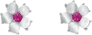 Cute 20g Opal Flower Pink CZ Screw Flat Back Small Stud Earrings for Women Stainless Steel Silver Plated Moon Stone Flowers Cartilage Tragus Piercing Little Studs Hypoallergenic Fashion Jewelry Birthday Gift