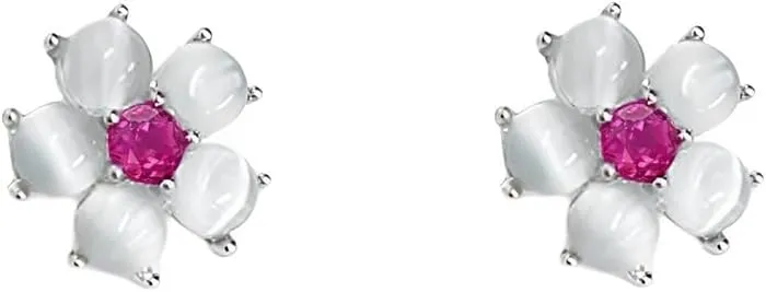 Cute 20g Opal Flower Pink CZ Screw Flat Back Small Stud Earrings for Women Stainless Steel Silver Plated Moon Stone Flowers Cartilage Tragus Piercing Little Studs Hypoallergenic Fashion Jewelry Birthday Gift