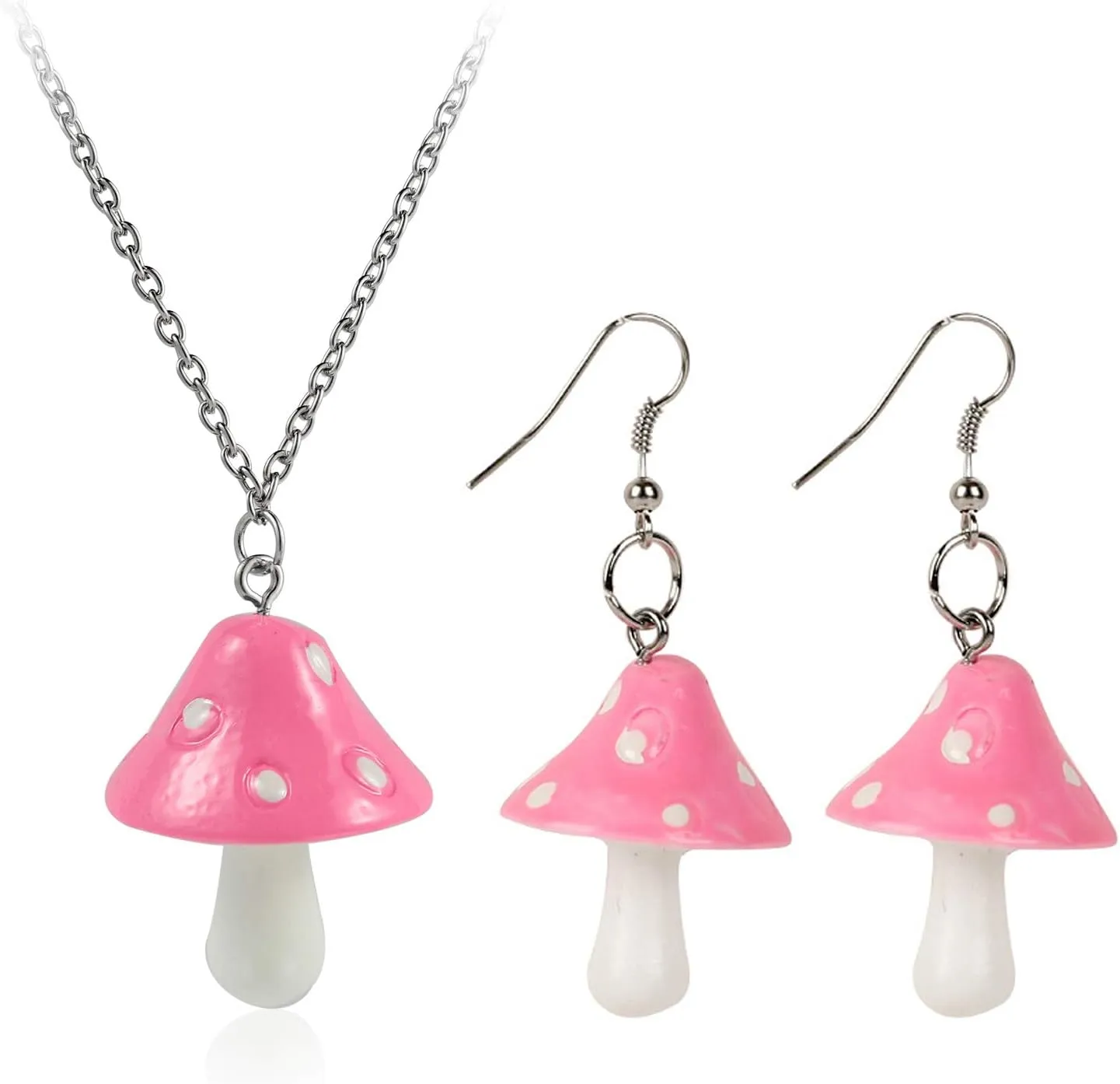 Cute Colorful Mushroom Dangling Earrings Necklace Set Handmade Gummy Mushrooms Necklaces Rainbow Colored 3D Vegetables Jewelry Chains for Women Girls Daughters-Pink