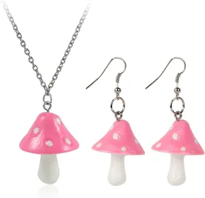 Cute Colorful Mushroom Dangling Earrings Necklace Set Handmade Gummy Mushrooms Necklaces Rainbow Colored 3D Vegetables Jewelry Chains for Women Girls Daughters-Pink