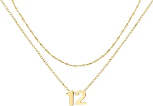 Cute Number Pendant Necklace for Women, 14K Gold Plated Dainty Layered Stainless Steel Chain Y Necklaces Sports Jewelry Birthday Gifts