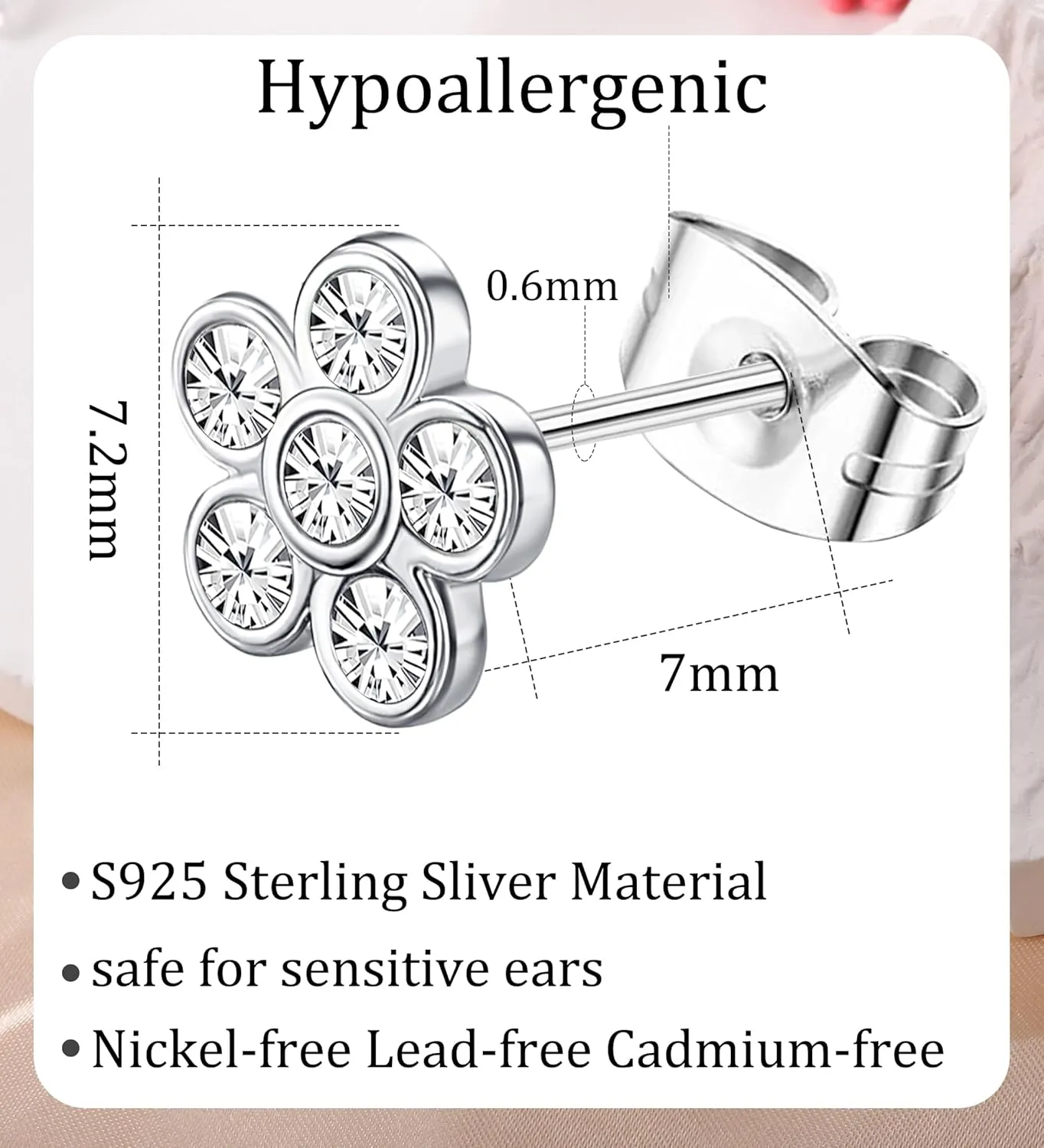 Cute Stud Earrings for Women Hypoallergenic    Post Earrings Heart Flower Butterfly Pink Cubic Zirconia Earrings Studs for Sensitive Ears White Flower