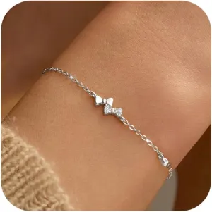 Dainty Bow Bracelet for Women 925 Sterling Silver 14K Gold Plated Cubic Zirconia Mother Daughter Friendship Bowknot Bracelets Adjustable Charm Bracelets Jewelry Graduation Gift