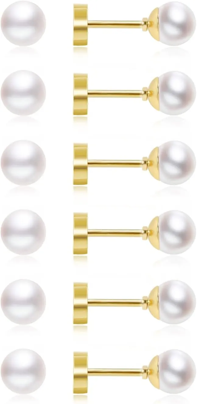Dainty Flat Back Pearl Earrings for Women, 6 Pairs Flatback Pearl Earrings in 14K Gold Silver 3-8MM Studs Earring Sets for Multiple Piercing Hypoallergenic