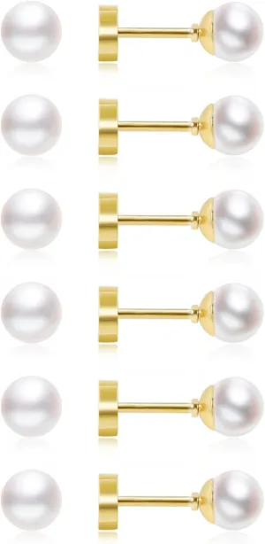 Dainty Flat Back Pearl Earrings for Women, 6 Pairs Flatback Pearl Earrings in 14K Gold Silver 3-8MM Studs Earring Sets for Multiple Piercing Hypoallergenic