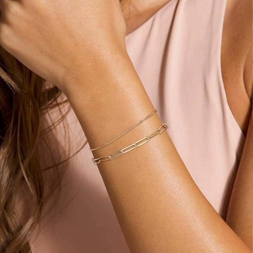 Dainty Gold Bracelets for Women, 14K Gold Plated Adjustable Layered Bracelet Cute Evil Eye Oval Chain Pearl Bar Turtle Gold Bracelets for Women Jewelry