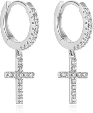 Dainty Huggie Hoop Dangle Earrings for Women, Small Hypoallergenic Hoop Earring with Charm Cross Star Moon Earrings, Sterling Silver CZ Huggie Drop Earrings for Teen Girls