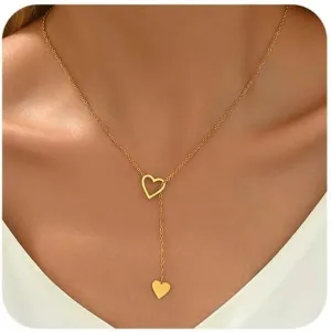Dainty Lariat Drop Chain Necklace for Women 18K Gold Plated Stainless Steel Cross Y Shaped Double Heart Star Pearl Long Pendant Necklaces Minimalist Jewelry