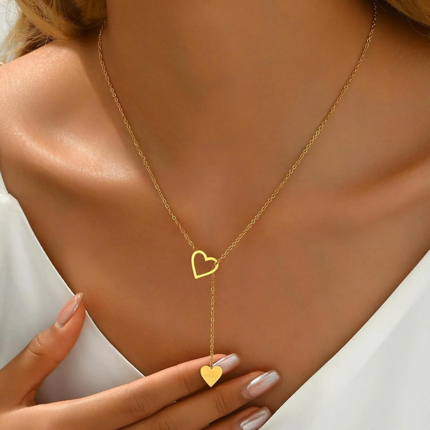Dainty Lariat Drop Chain Necklace for Women 18K Gold Plated Stainless Steel Cross Y Shaped Double Heart Star Pearl Long Pendant Necklaces Minimalist Jewelry