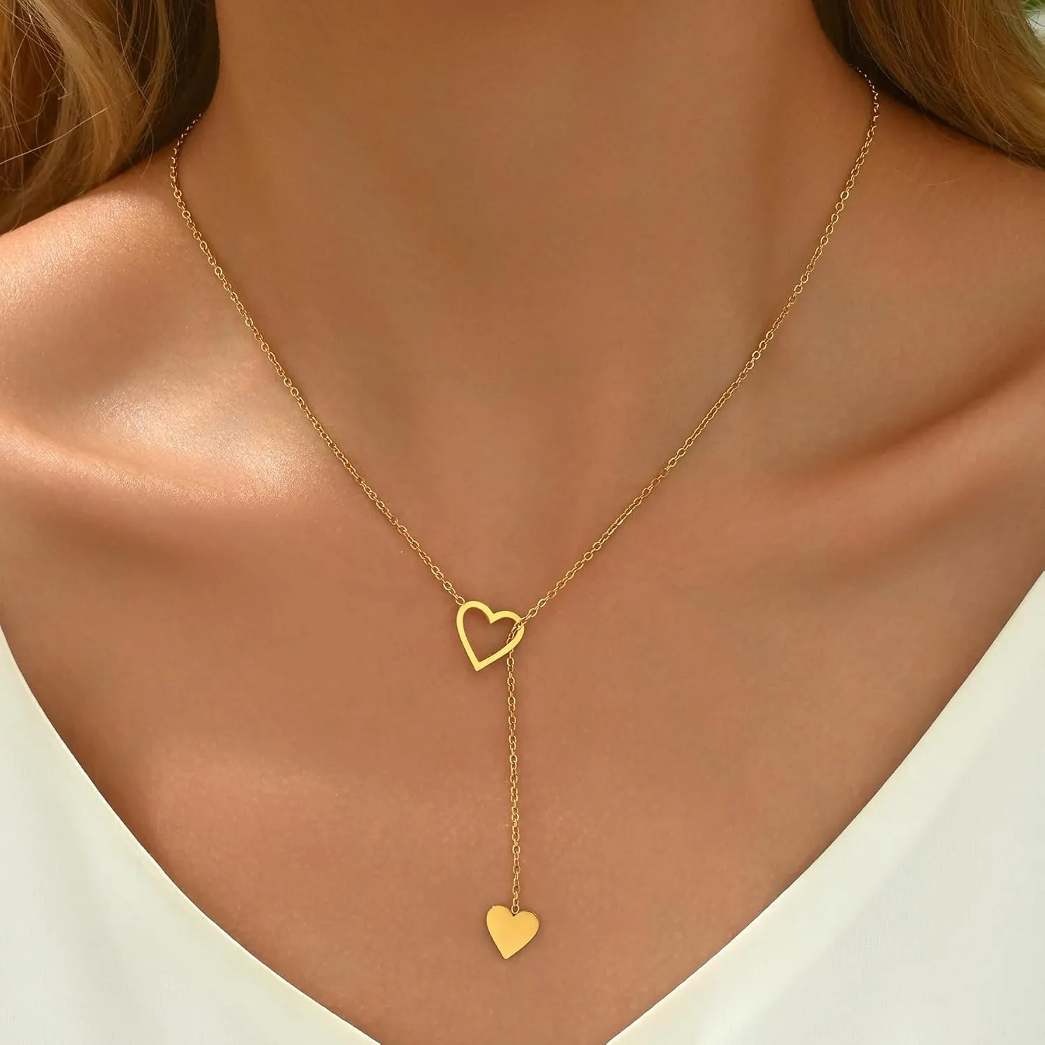 Dainty Lariat Drop Chain Necklace for Women 18K Gold Plated Stainless Steel Cross Y Shaped Double Heart Star Pearl Long Pendant Necklaces Minimalist Jewelry