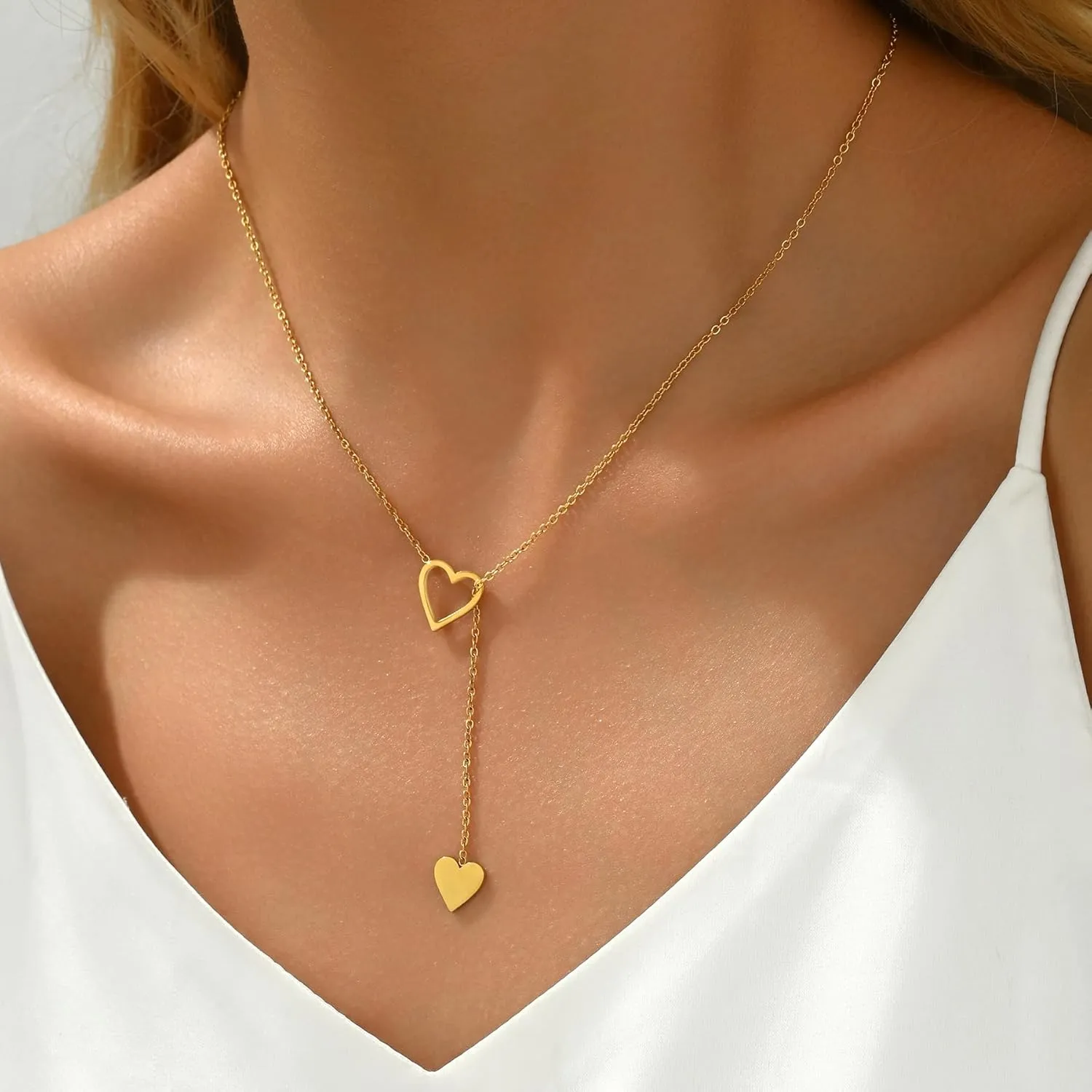 Dainty Lariat Drop Chain Necklace for Women 18K Gold Plated Stainless Steel Cross Y Shaped Double Heart Star Pearl Long Pendant Necklaces Minimalist Jewelry