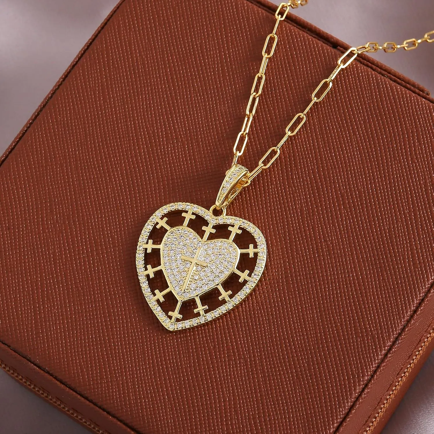 Dainty Layered Choker Necklace Gold Plated Sun Chunky Heart Necklaces Stackable Paperclip Chain Layering Jewelry For Women