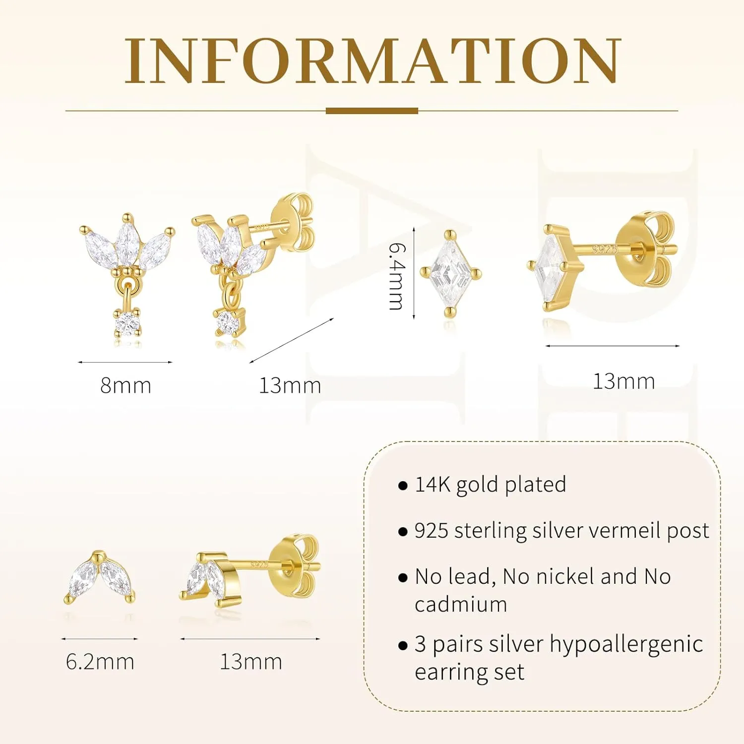 Dainty Stud Earrings for Women Cubic Zirconia Earrings Studs 14k Gold Plated Stud Earrings Set Hypoallergenic Stud Earrings Pack