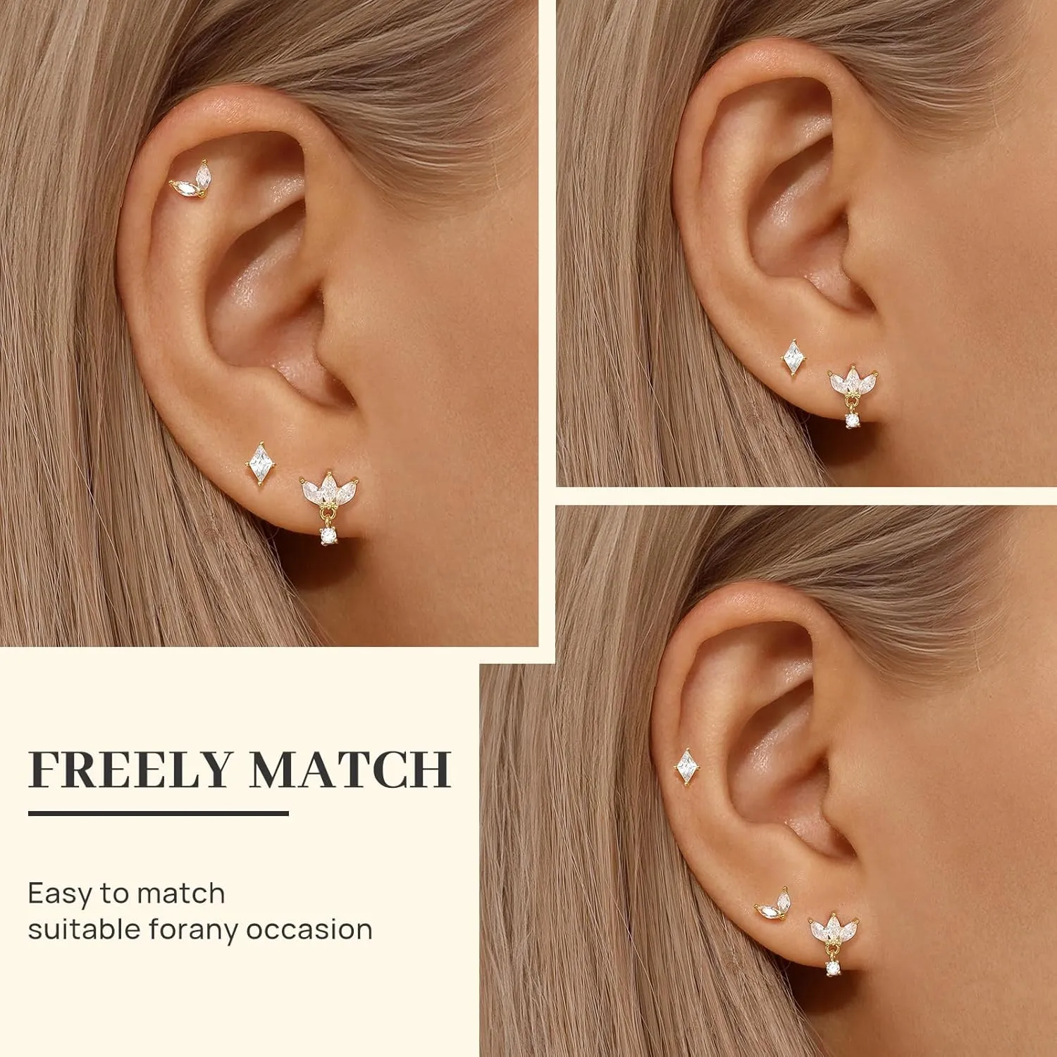 Dainty Stud Earrings for Women Cubic Zirconia Earrings Studs 14k Gold Plated Stud Earrings Set Hypoallergenic Stud Earrings Pack