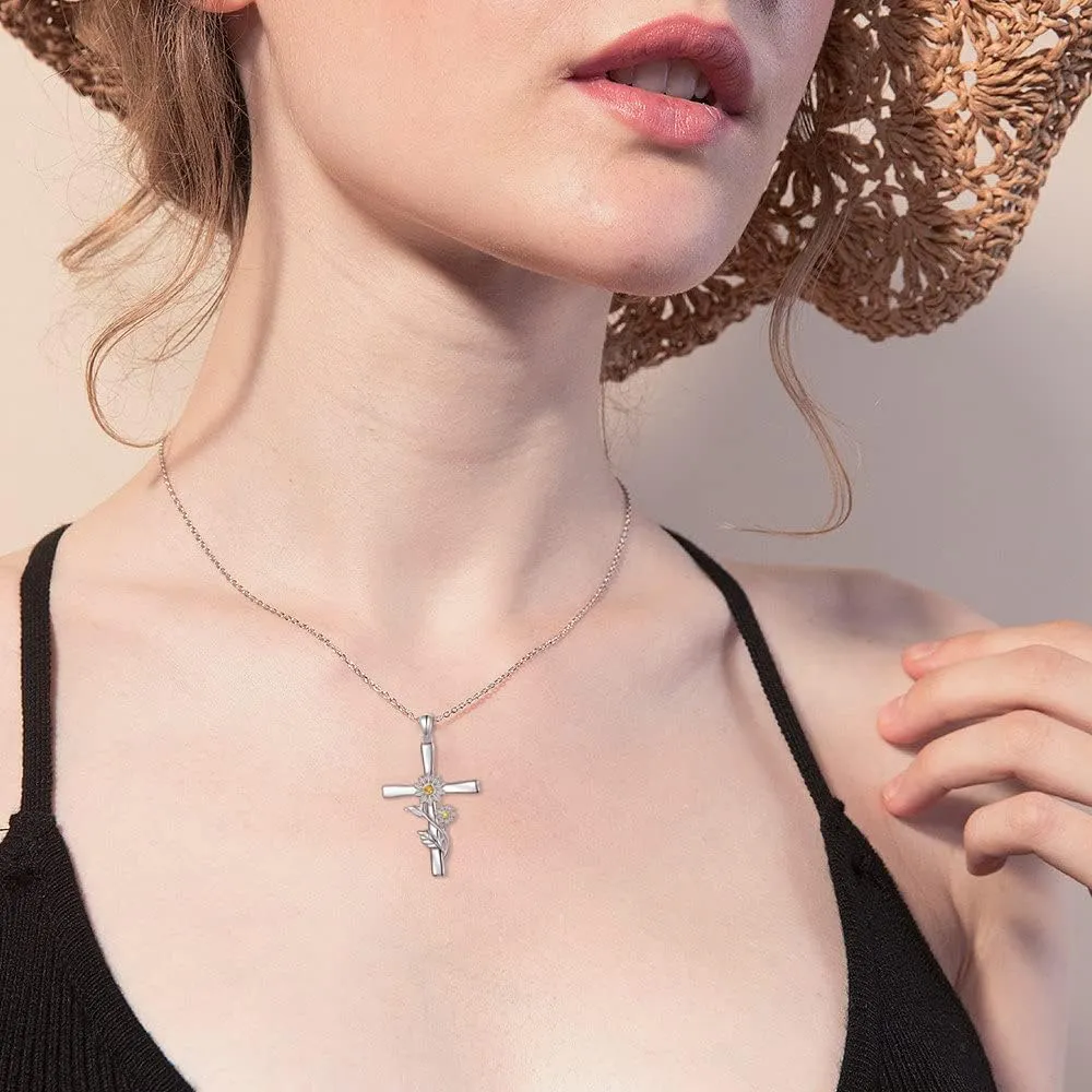 Daisy Cross Necklace for Women 925 Sterling Silver Flower Pendant Necklaces Christian Jewelry Gift for Women